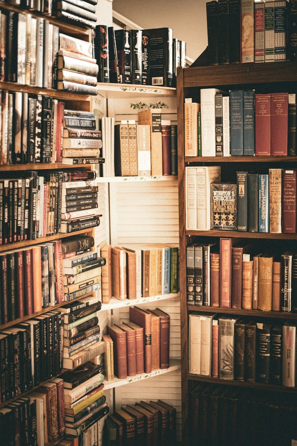 Holzregale, die überquellen mit einer großen Sammlung gestapelter Bücher.